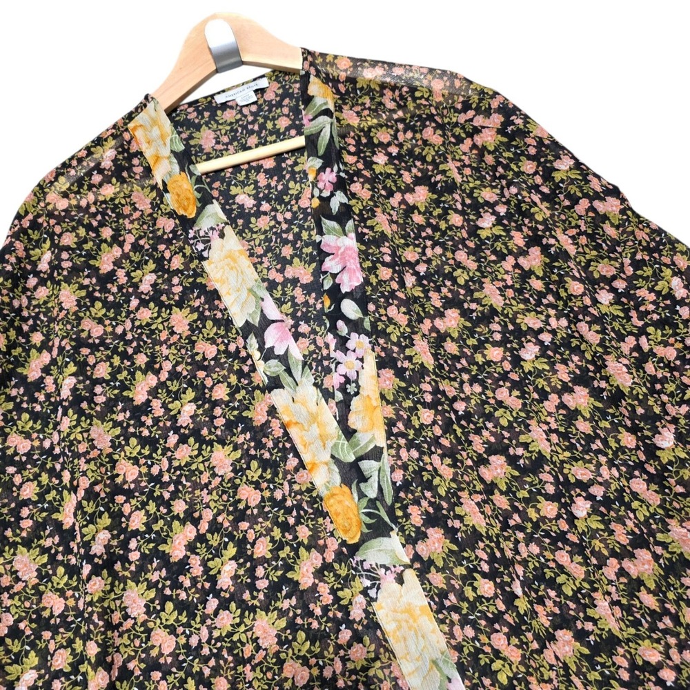 American Eagle Kimono Cardigan Womens S Black Floral Long Duster Sheer Boho - Picture 8 of 11